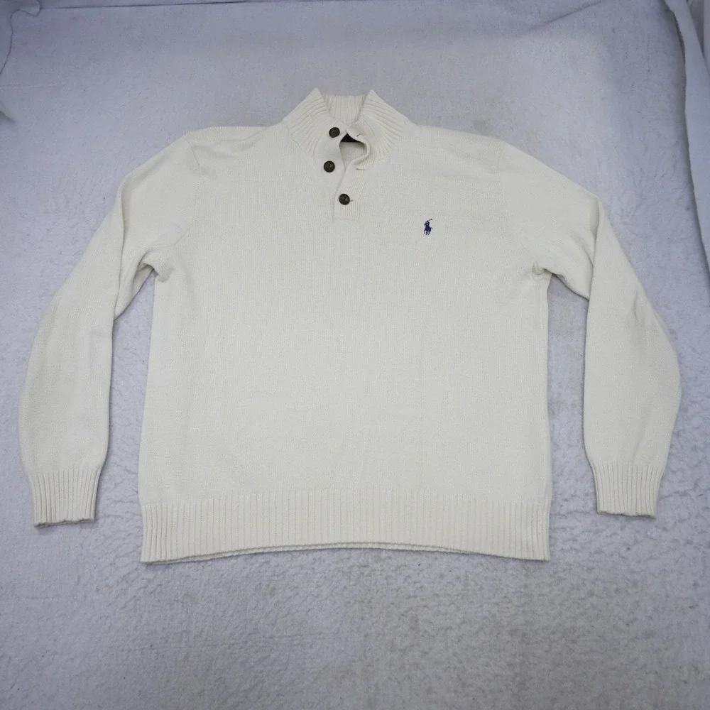 Polo Ralph Lauren Knit Sweater Mens XL Cream Mock Neck Cotton Pullover 3 Button